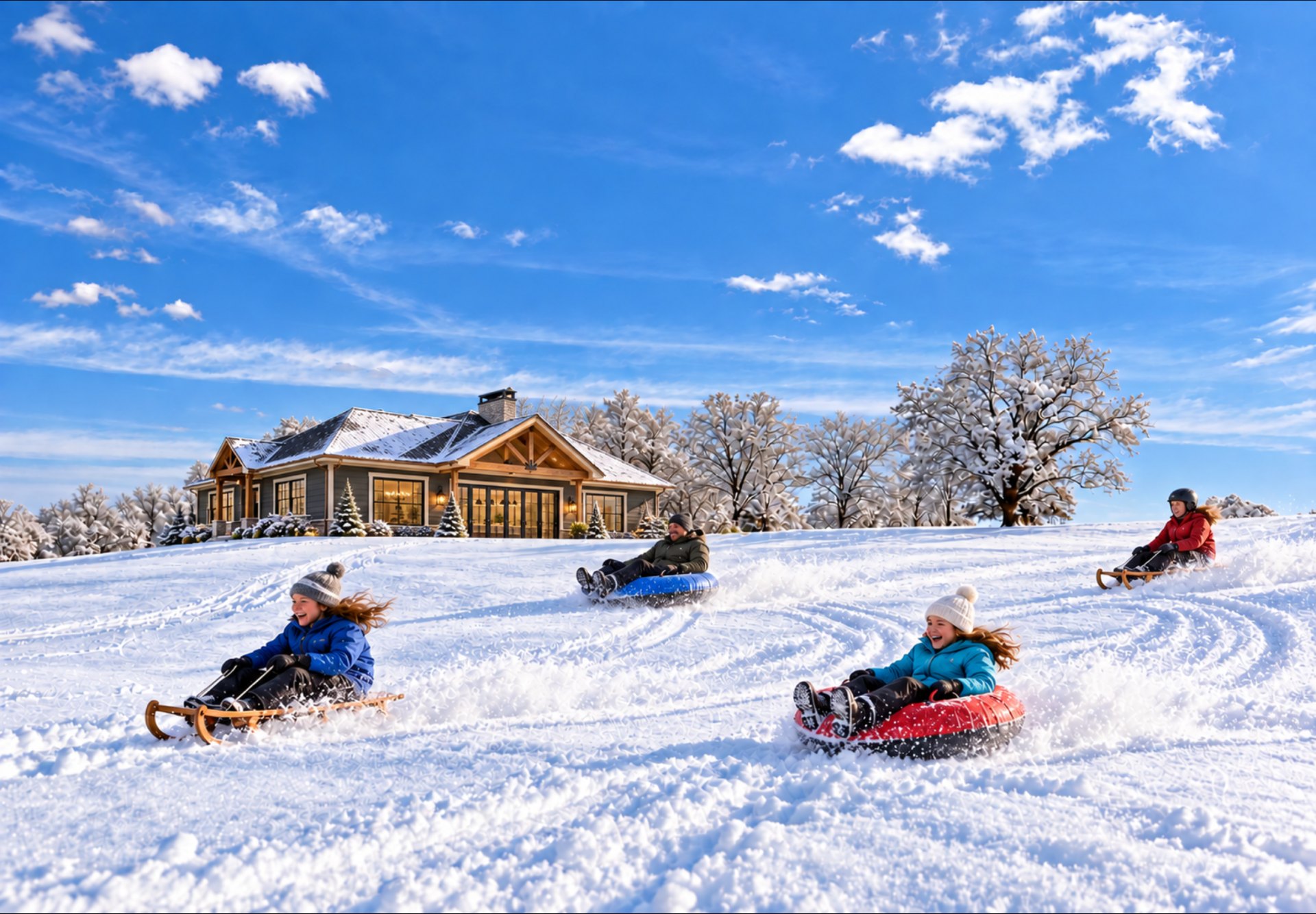 Guests sledding and snow-tubing down the snow-covered hill at Waggle Dance Ranch, with the house and frosted trees behind under a bright blue sky