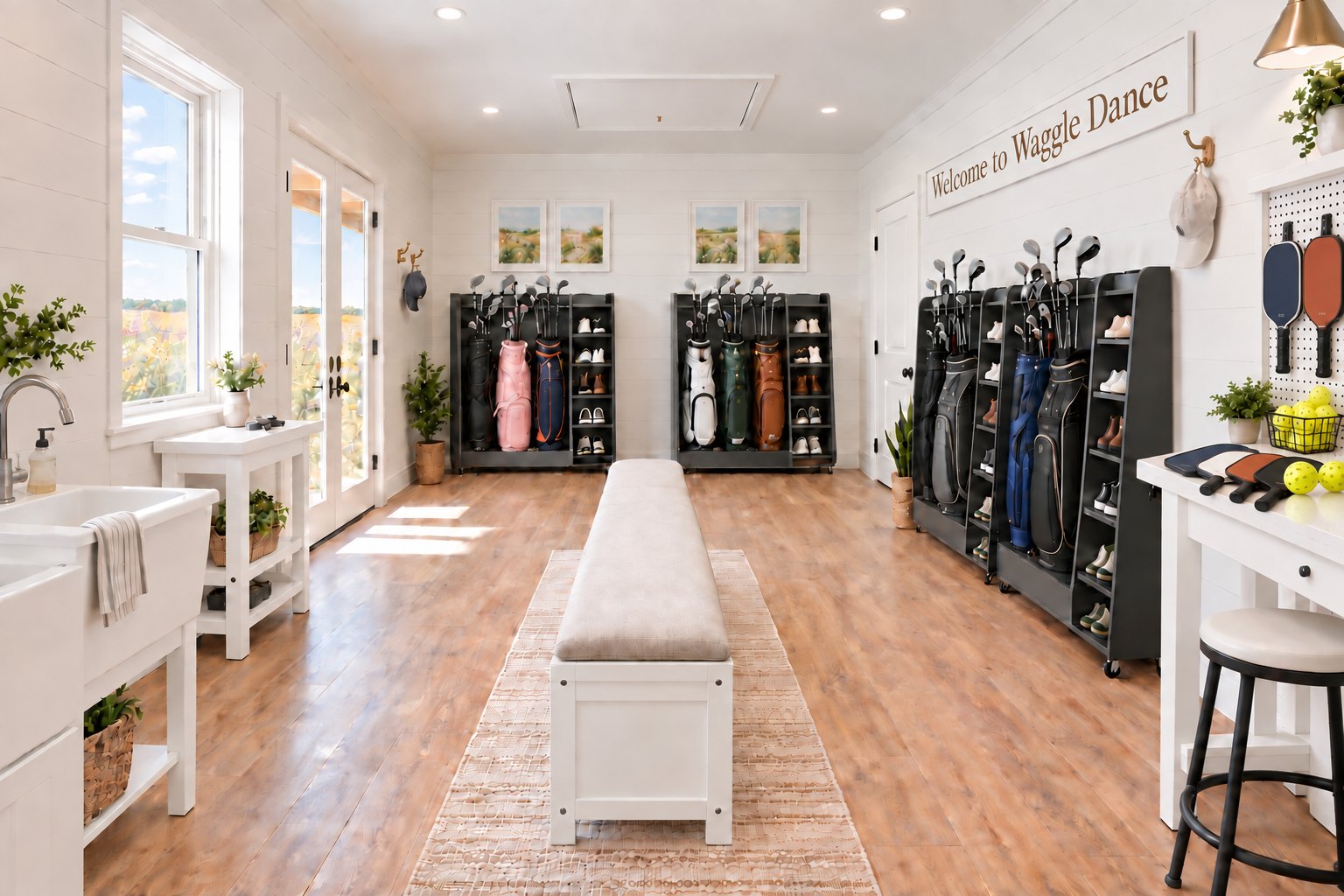 The bright Bag Room with white shiplap walls, four mobile golf bag racks, and a striped runner down the middle, where the paddles and balls are kept