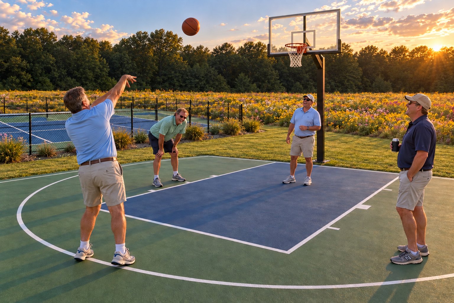 Four middle-aged friends in golf polos playing a pickup game on the Waggle Dance Ranch half basketball court at sunset, with the fenced pickleball courts beside it