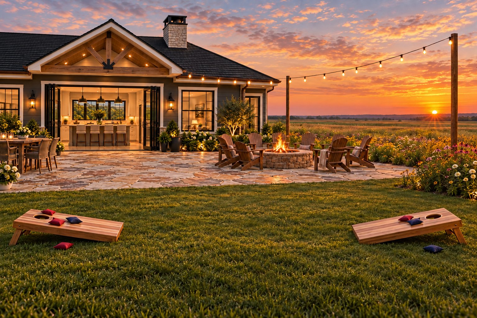 Two cedar cornhole boards on the lawn off the back patio, beside the lit fire pit and Adirondack chairs, with the open kitchen doors and wildflower meadow at sunset