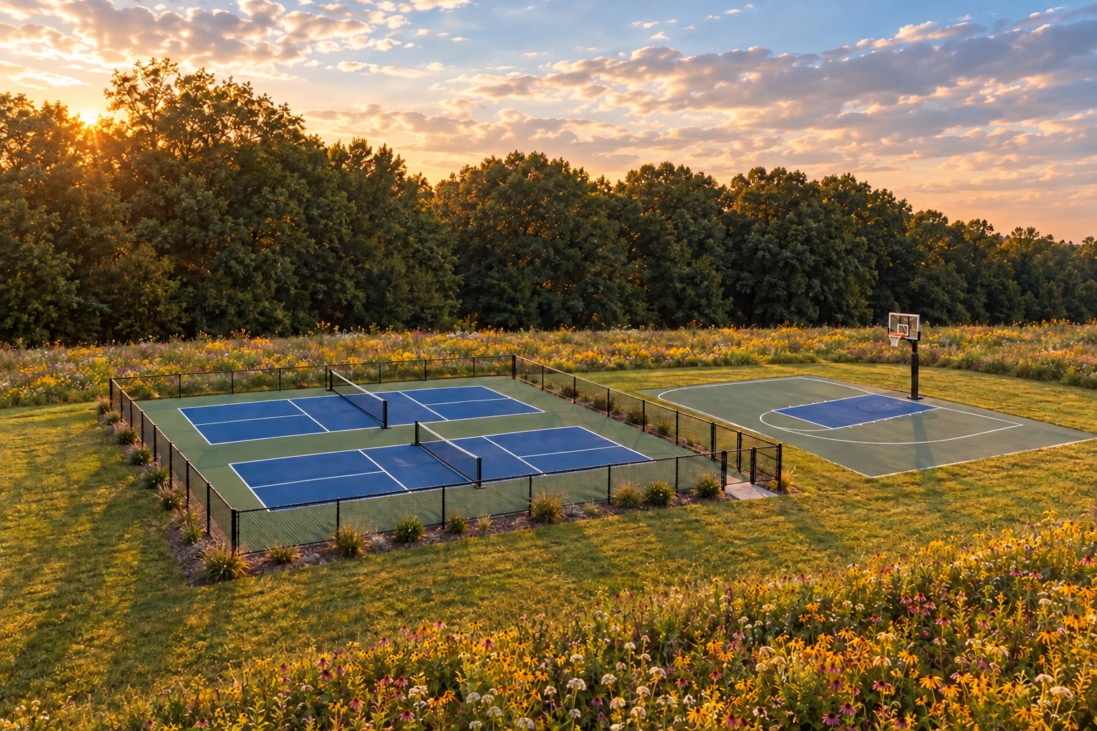 Pickleball courts and a half basketball court in fresh colour-coated surfacing