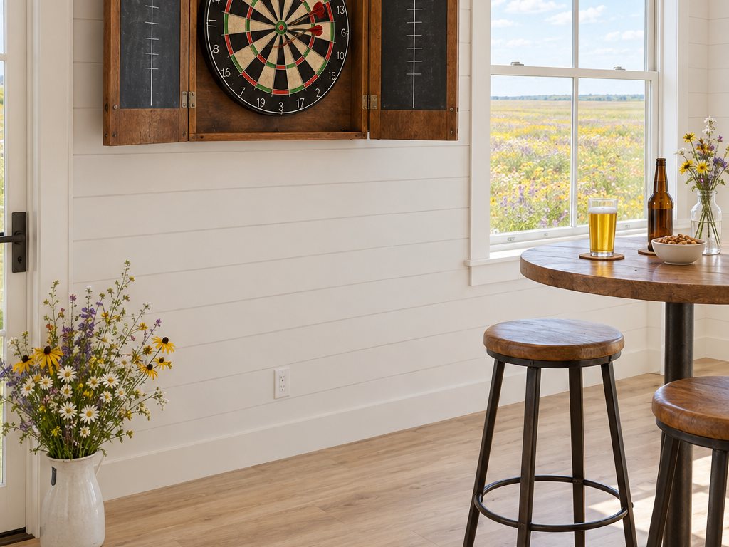 A dartboard in an open wooden cabinet with chalk scoreboards beside a window onto the meadow