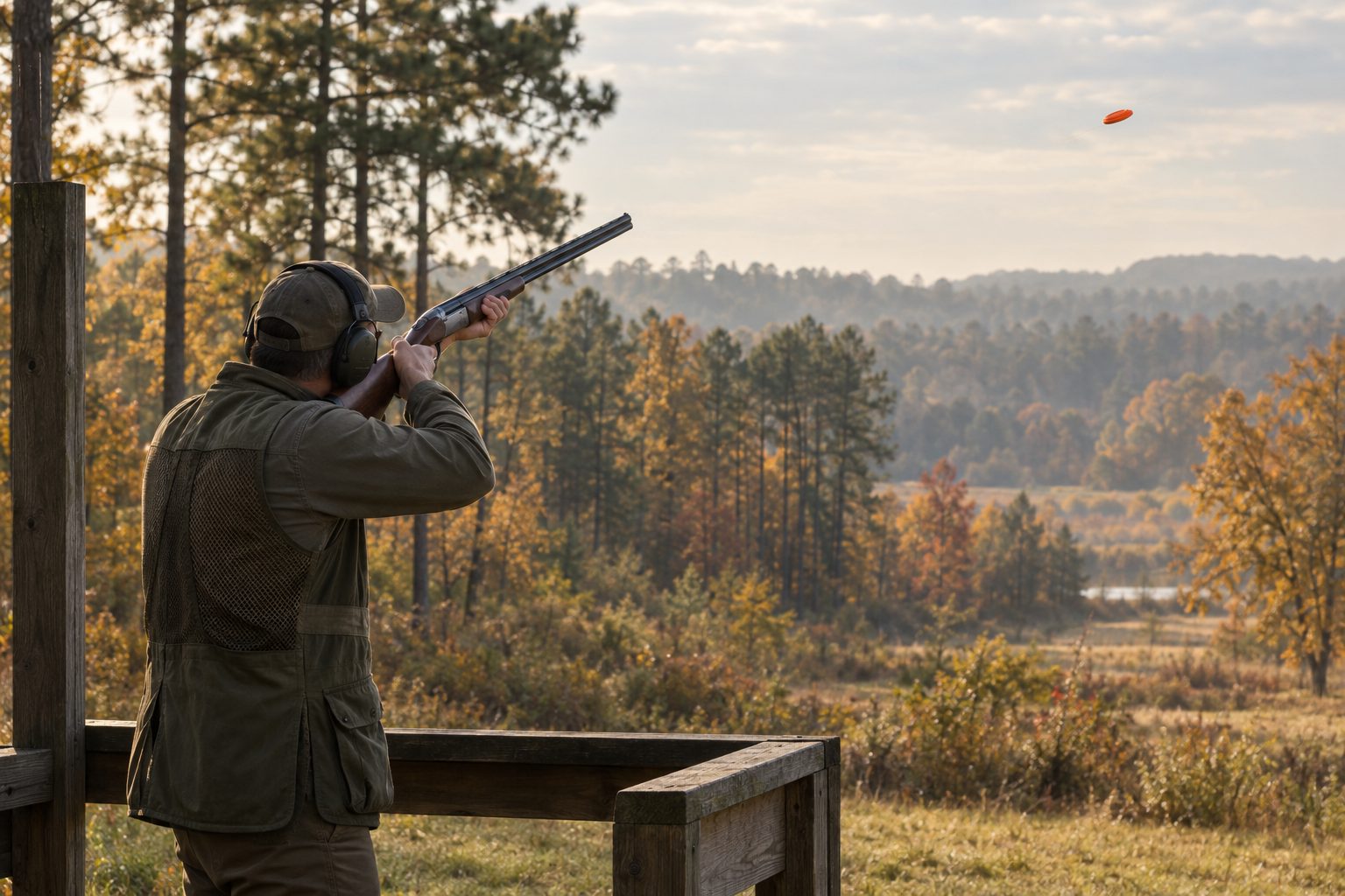 A shooter at a wooden sporting clays station with an orange clay in flight