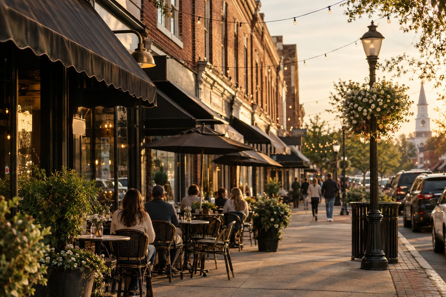 A brick-fronted small-town main street with sidewalk dining at golden hour