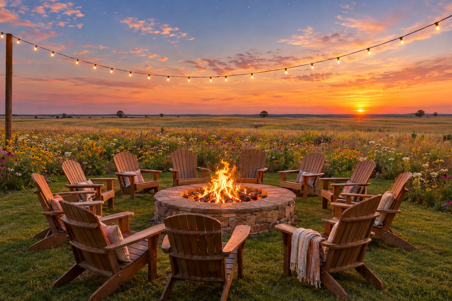 A large fire pit ringed with seating for twelve, burning after dark at the ranch