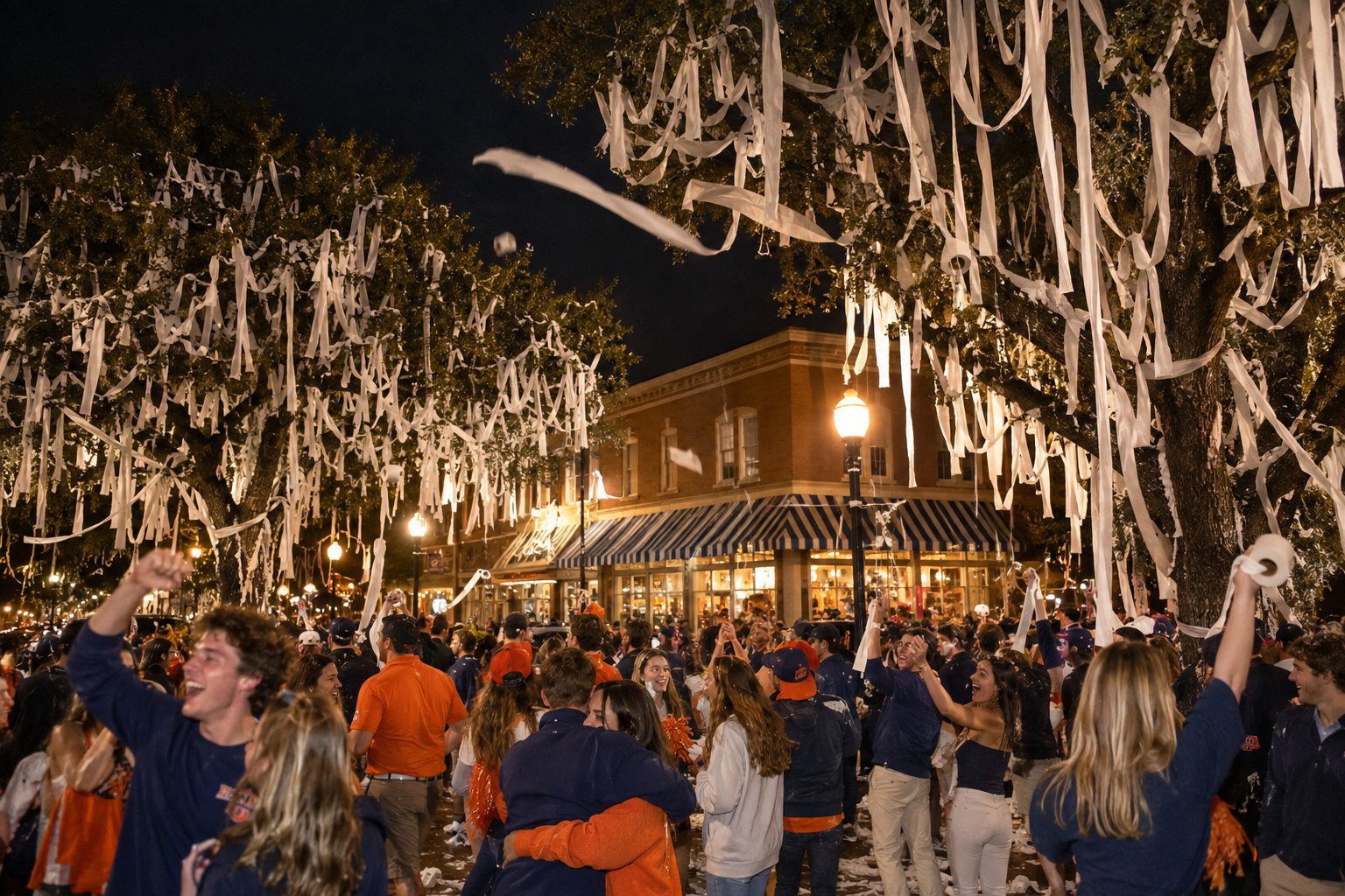 Two big live oaks draped in toilet paper at night after a huge win, with fans celebrating underneath