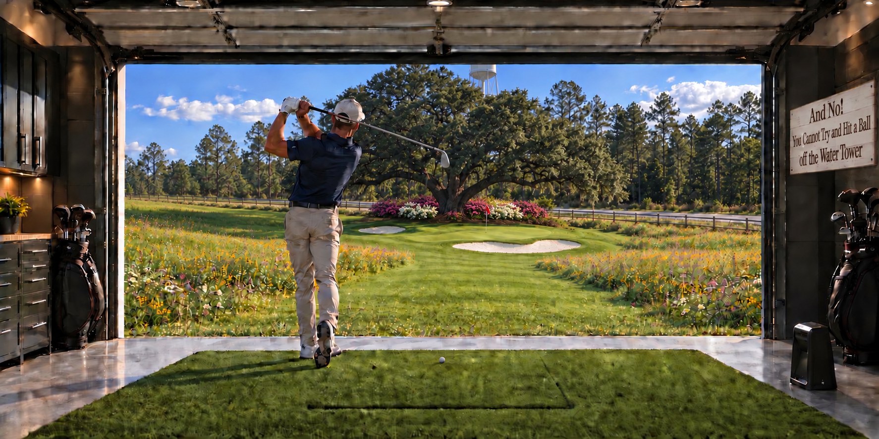 A golfer hitting a wedge from the simulator mat out through the open garage door to the chipping green 60 yards away, with a sign on the garage wall reading: And No! You Cannot Try and Hit a Ball off the Water Tower
