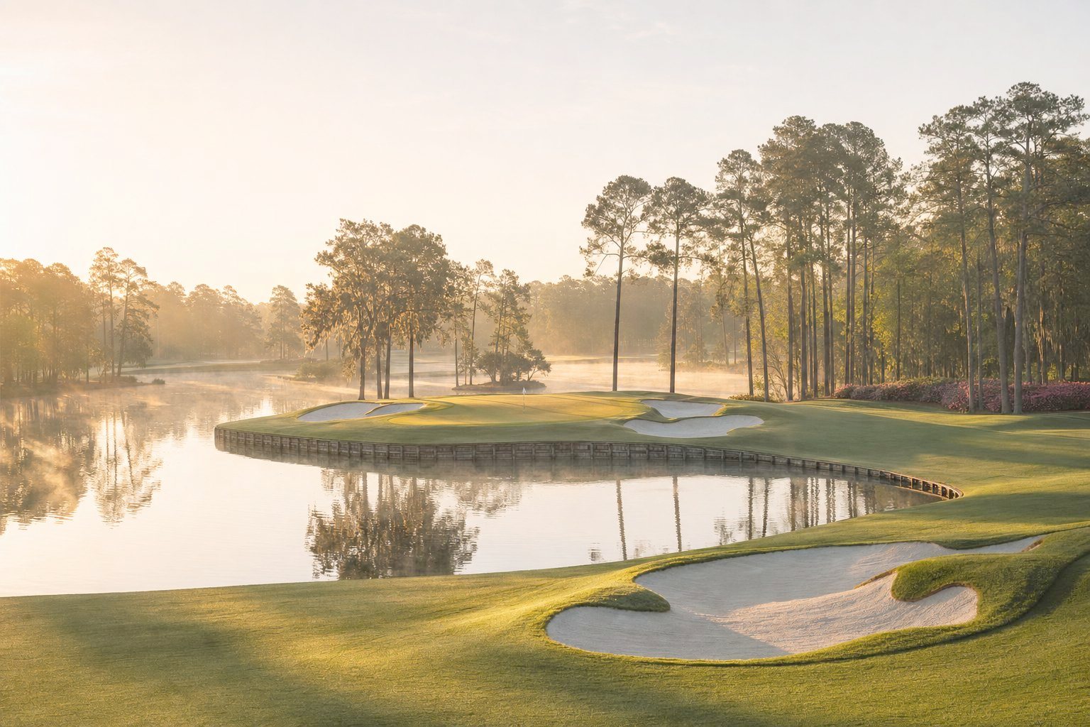 A championship par three with a peninsula green reaching into a misty lake at sunrise
