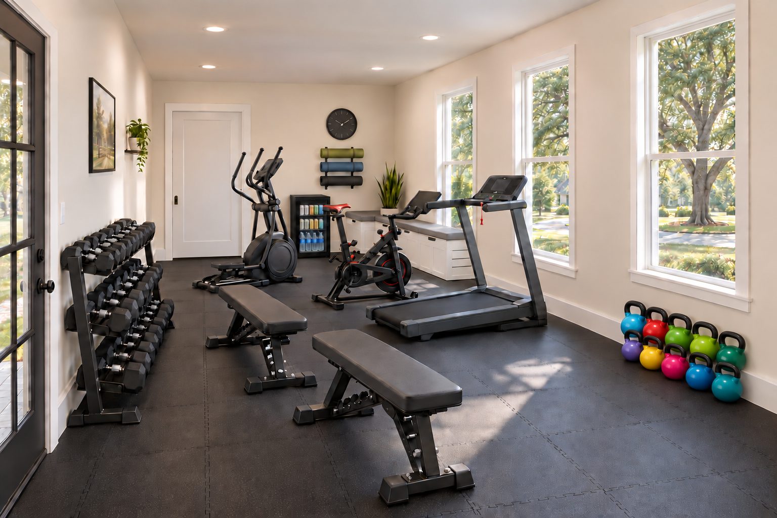 The Ranch gym: a dumbbell rack along the left wall, two adjustable benches, an elliptical, an indoor cycling bike and a treadmill on black rubber flooring, a glass-door drinks fridge against the far wall, a colourful set of kettlebells beneath the nearest window, a white L-shaped corner bench in the far corner, and three tall windows on the right looking out at a large pecan tree in the circular drive
