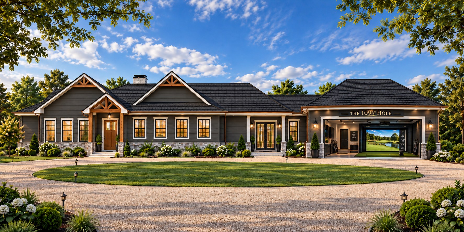 Front elevation of Waggle Dance Ranch: dark siding, cedar gables and stone wainscot behind a circular drive, with The 109th Hole simulator garage open on the right
