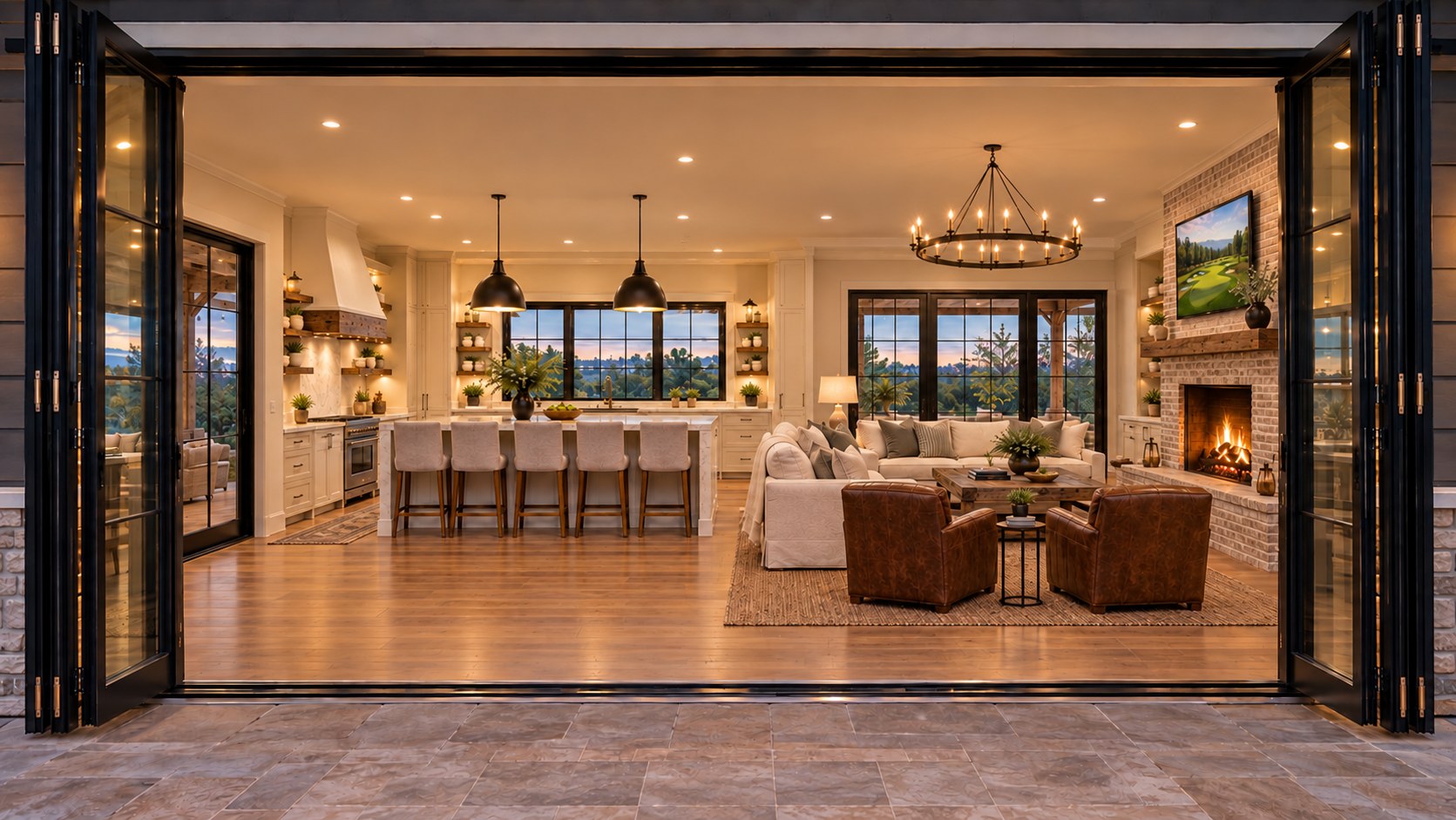 Looking in through the open folding glass doors from the stone patio: the living room fireplace with an 85-inch TV above the mantel on the west wall to the right, and the kitchen island ahead, under flat 9-foot ceilings