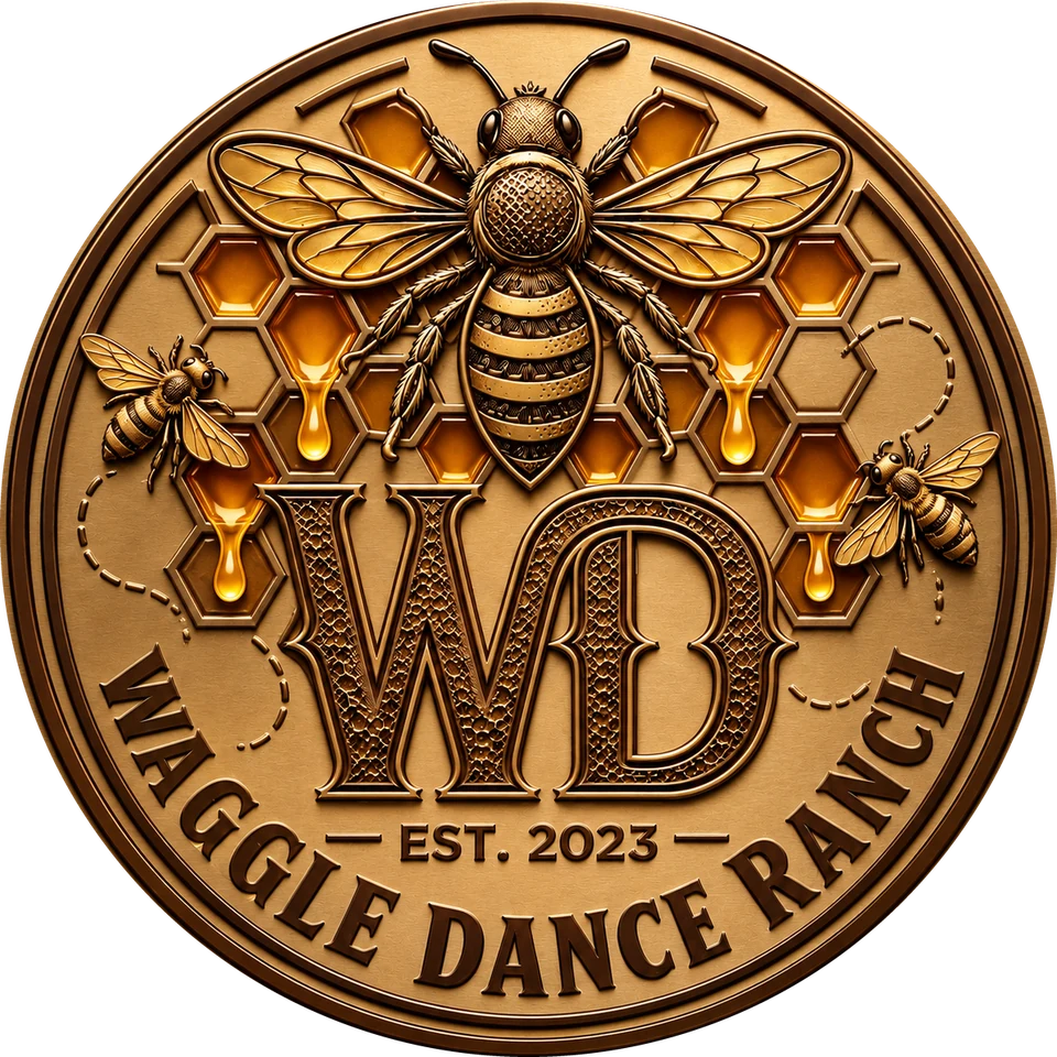 The Waggle Dance Ranch logo: a gold honeybee over honeycomb above the WD monogram, ringed with the words Waggle Dance Ranch, Est. 2023