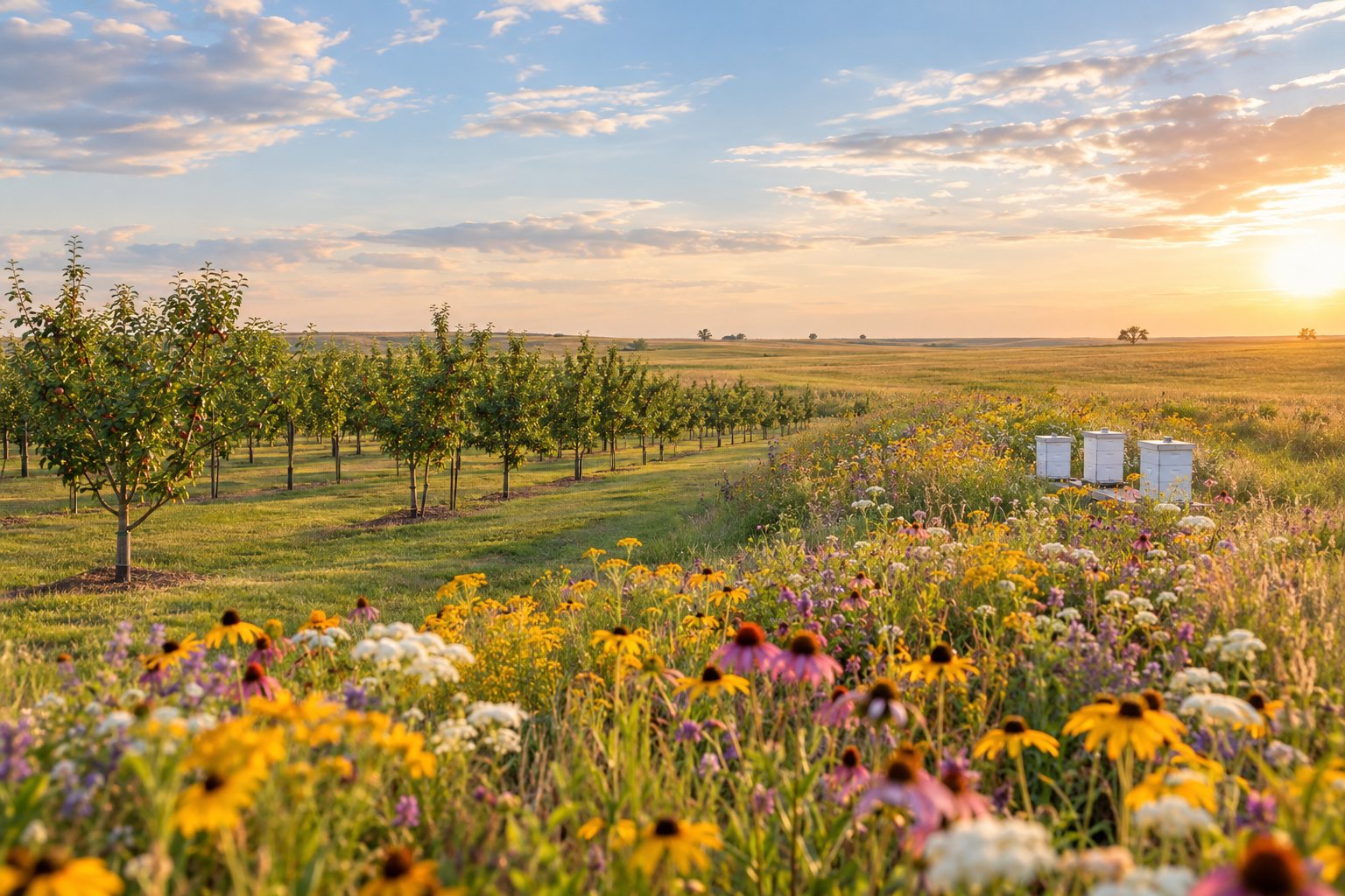 An orchard beside a wildflower meadow in late afternoon light