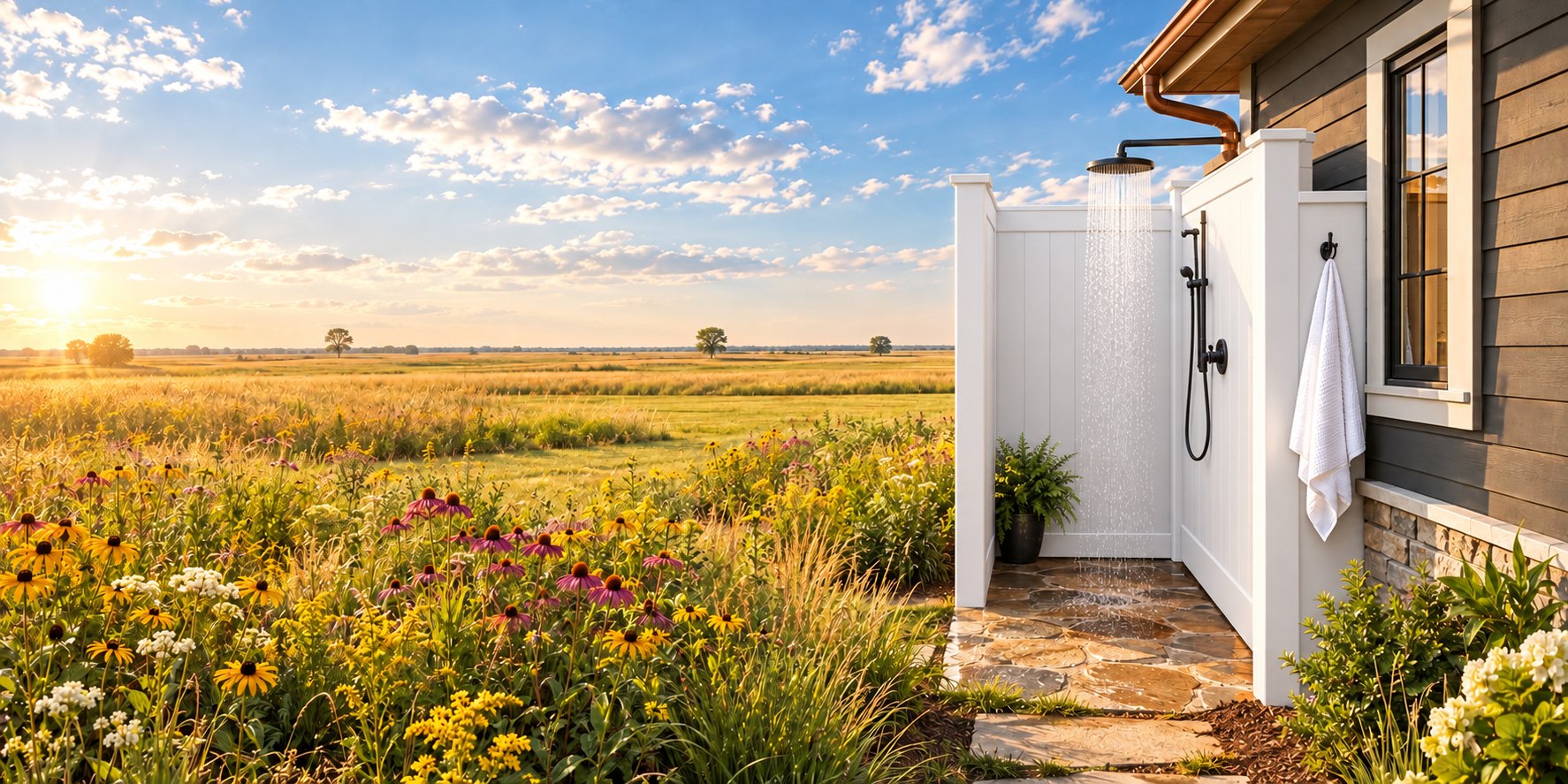 A white PVC outdoor shower enclosure with a rain head and handheld fixture