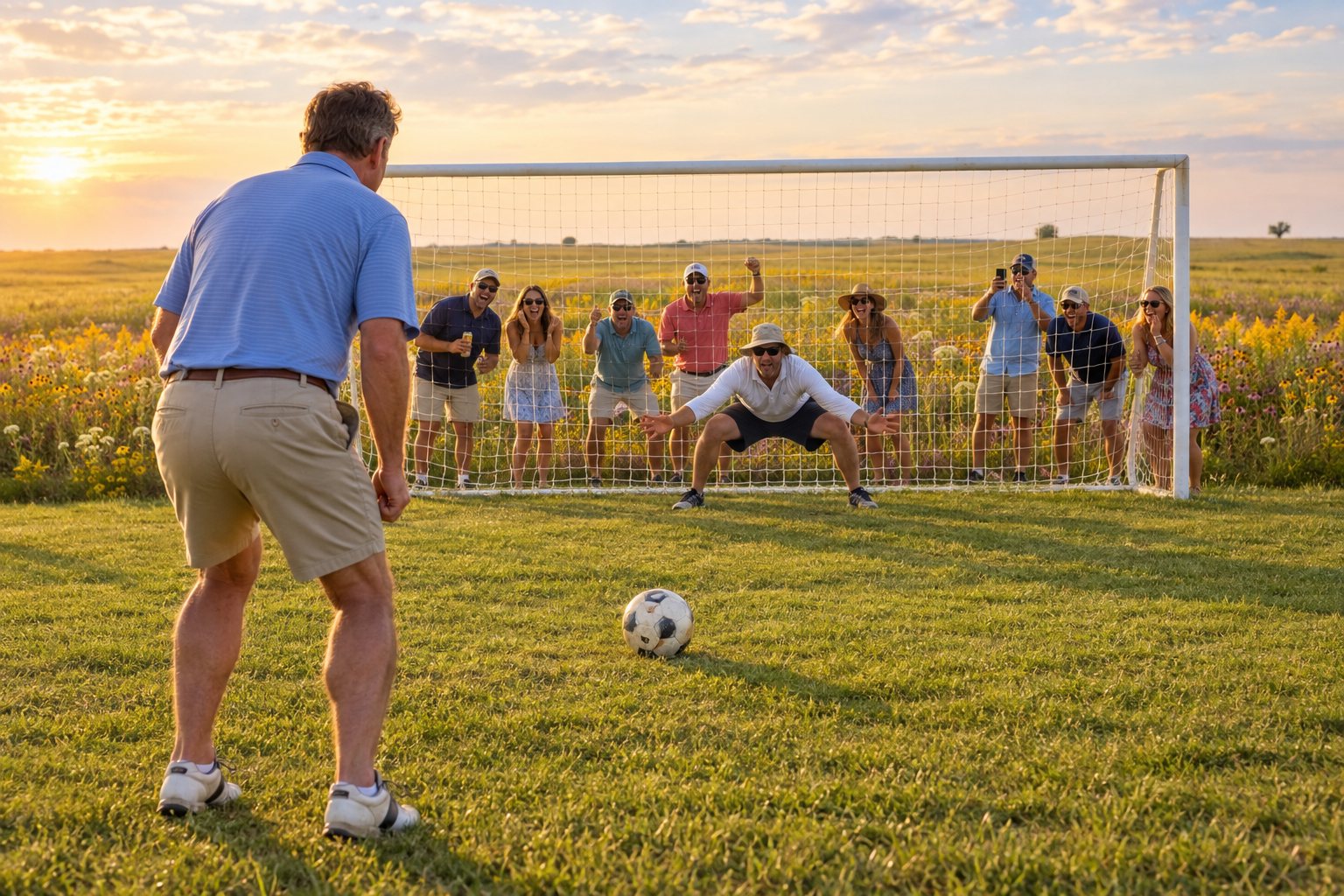 A golfer in a polo and golf shoes stands over the ball at the penalty spot while a keeper crouches on the line and friends heckle from behind the net