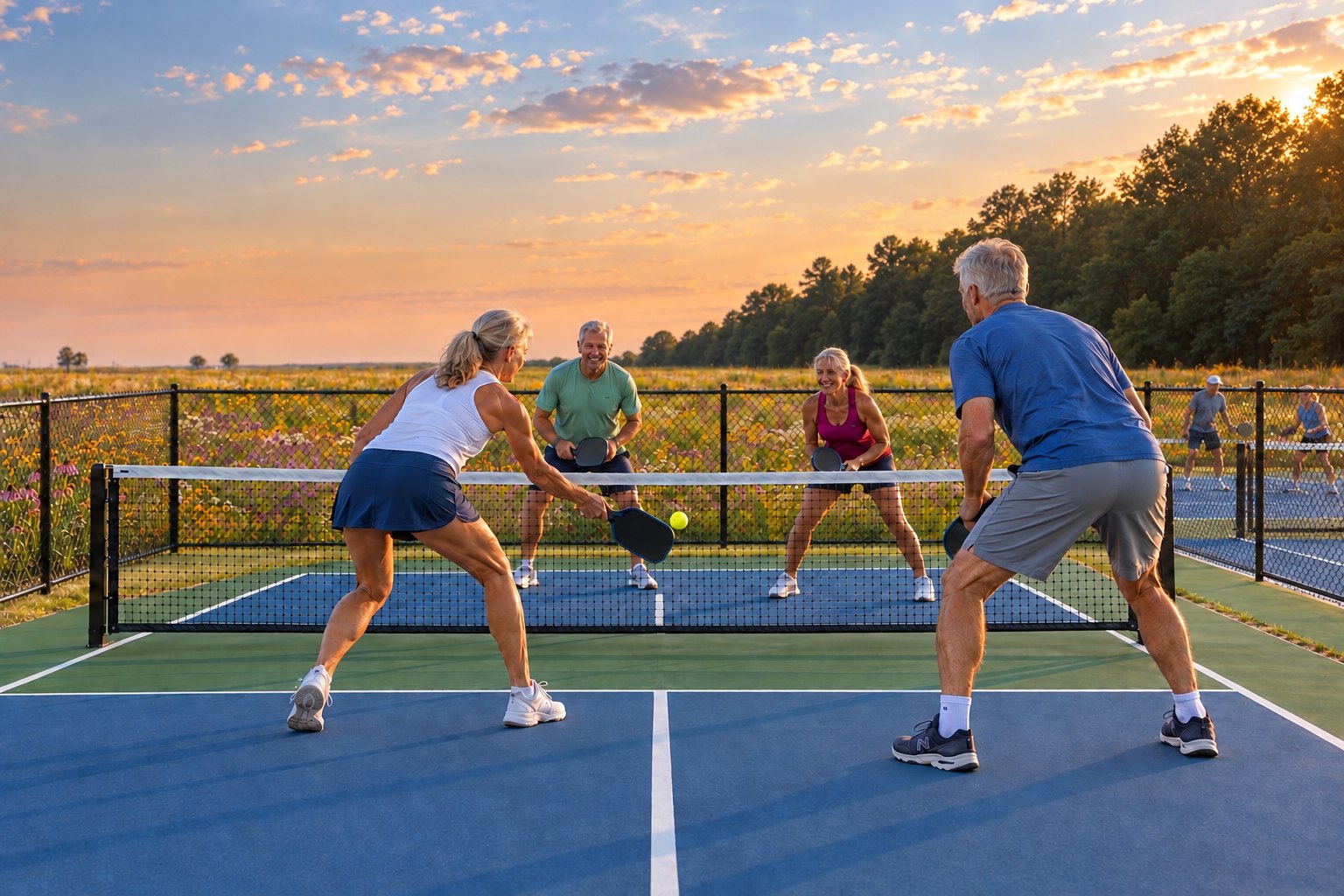 A mixed doubles pickleball game on the ranch courts in late-afternoon light, one player laughing at the net