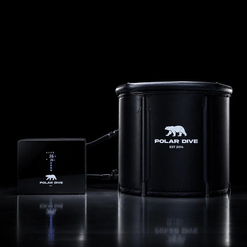 A Polar Dive cold plunge pod with its digital chiller, showing 36 degrees