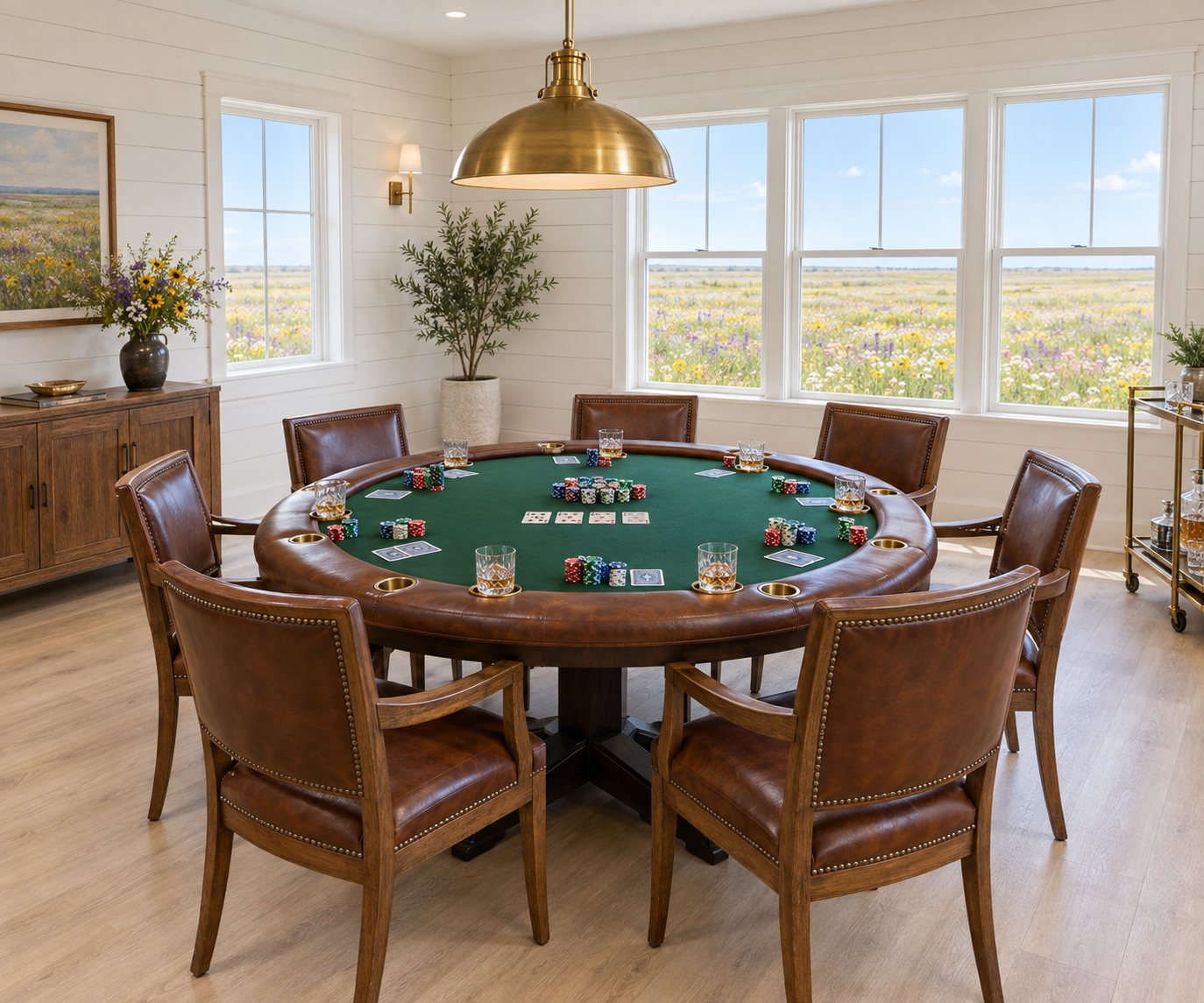 A round green-felt poker table with leather chairs, chips and cards, in a bright room overlooking the meadow