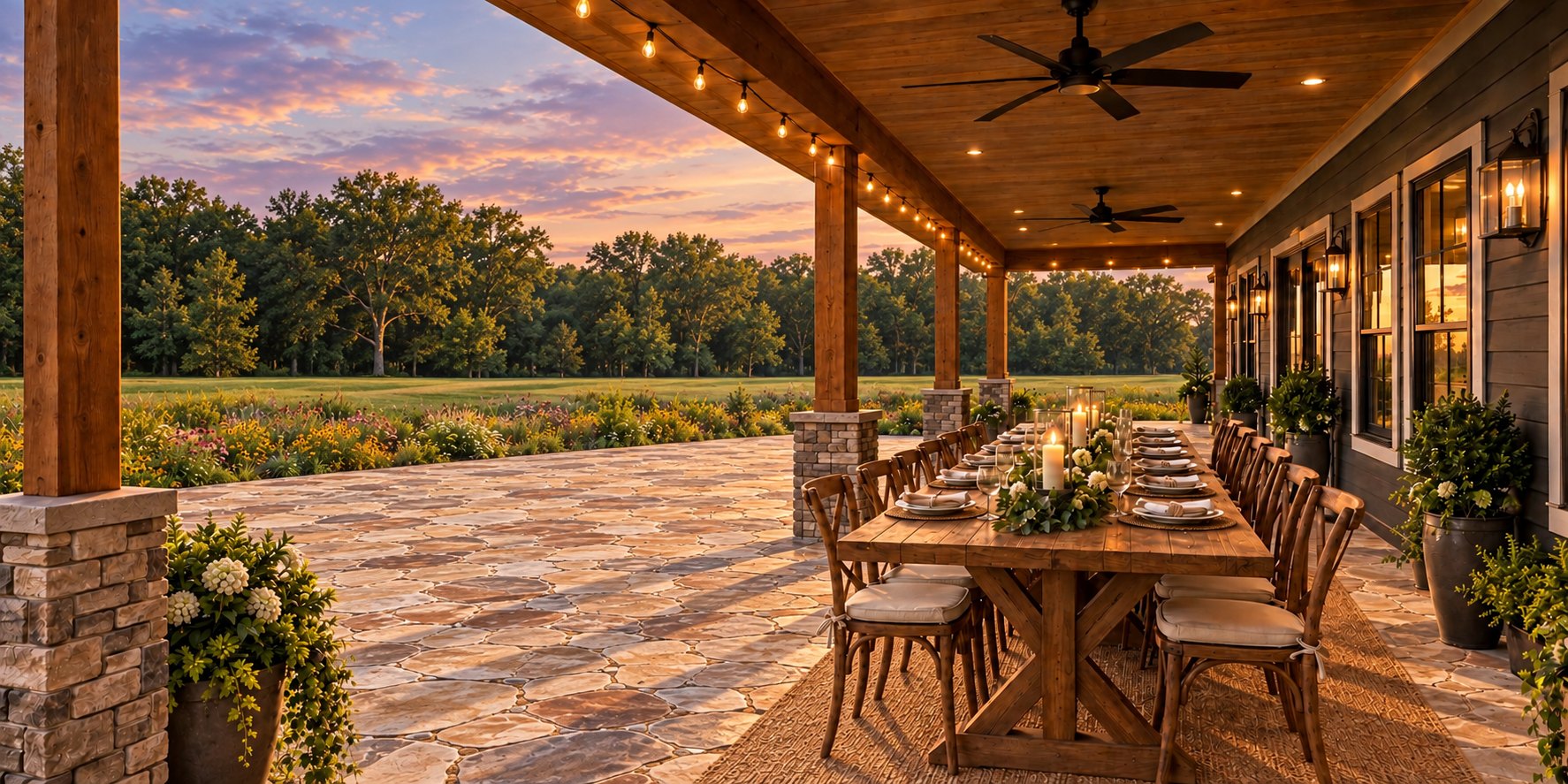 The covered porch dining table at Waggle Dance Ranch