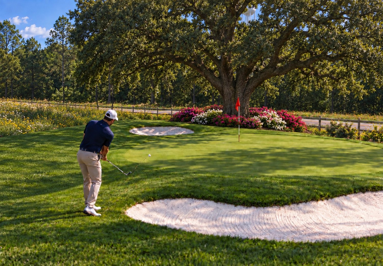 A golfer chipping onto the chipping and putting green, with white sand bunkers front and back, azalea beds along the left, a big live oak at the back of the green, and the road with a stand of tall pines beyond it