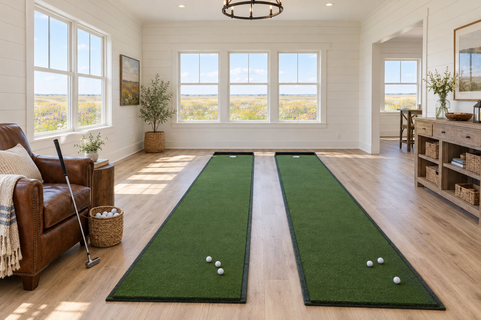 Two indoor putting mats side by side on the floor of a bright game room