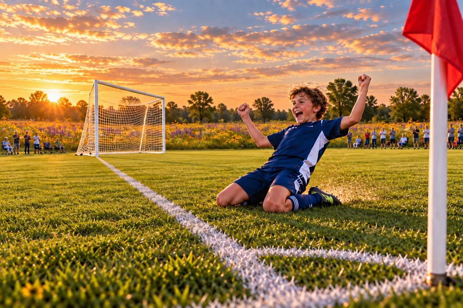 A young player in navy slides on his knees celebrating a goal by the corner flag at sunset, with the net and a cheering crowd behind
