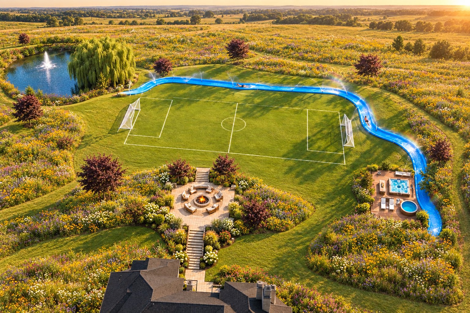 The Hurly Burly, a 700-foot blue slip n slide winding down the east lawn and past the soccer field toward the pond