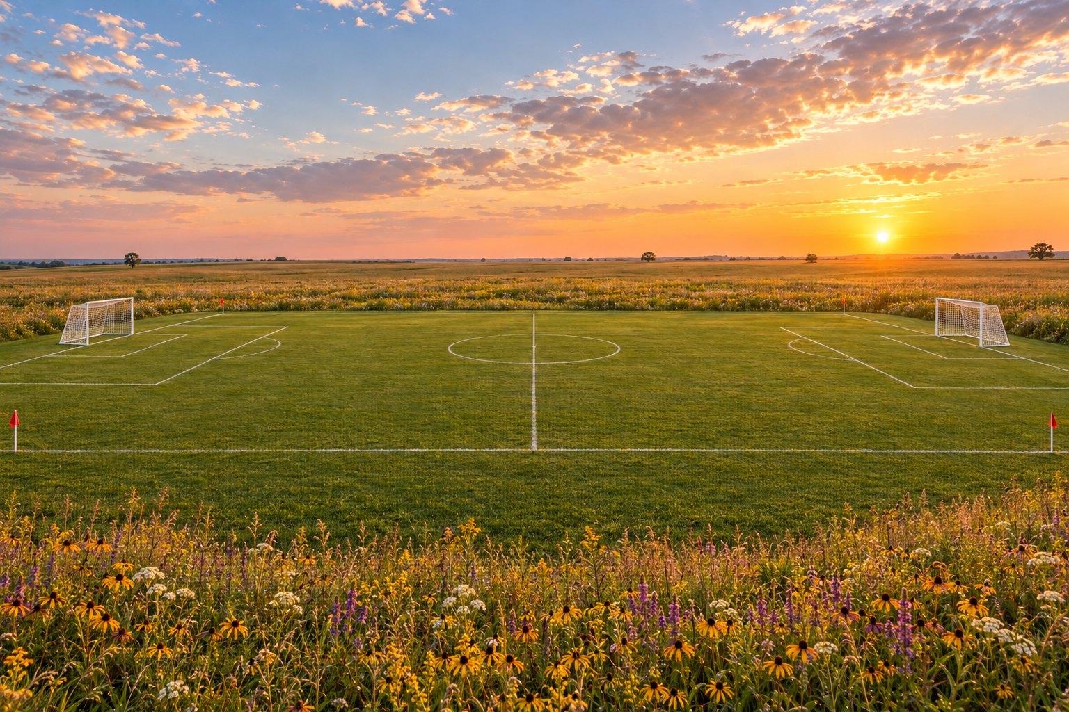 The ranch soccer field, mown turf with a full-size goal at each end, bordered by a wildflower meadow under open sky