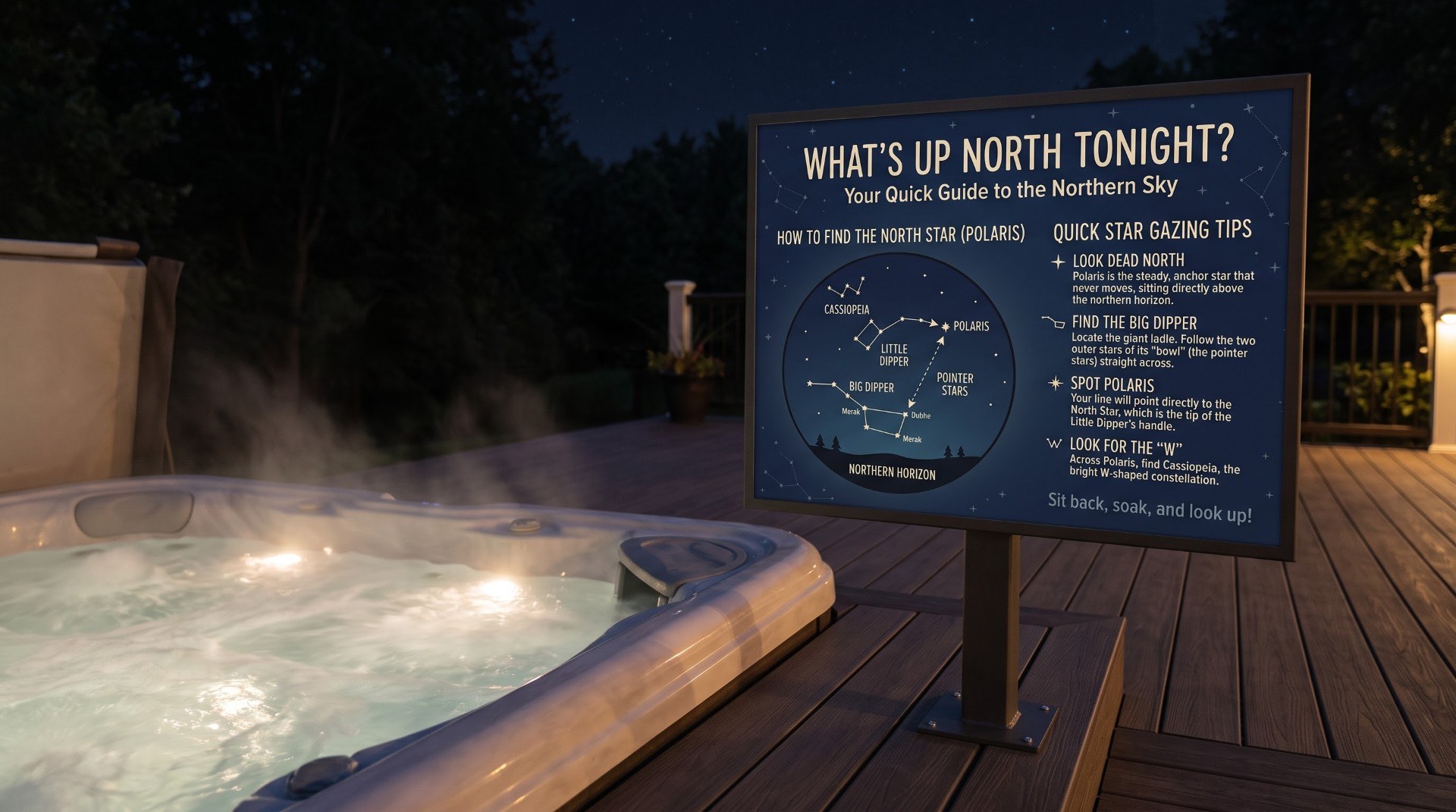 The steaming Jacuzzi on the deck at night, beside a &lsquo;What&rsquo;s Up North Tonight?&rsquo; northern-sky star guide