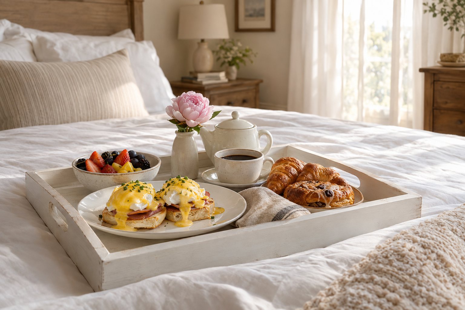A breakfast tray on a white-linen bed with Eggs Benedict, fresh fruit, pastries and coffee